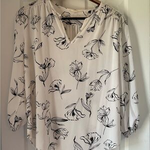 White V-Neck Floral Blouse with Black Print